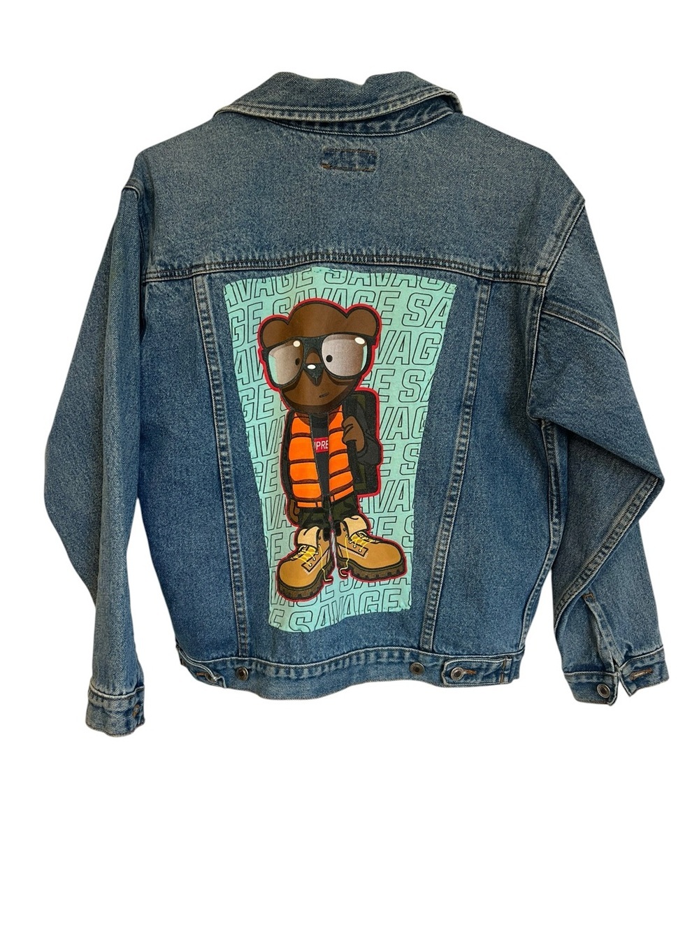 Vintage Grearland Blue Denim Jacket with Graphic Bear Back Panel 100% Cotton - Picture 6 of 6
